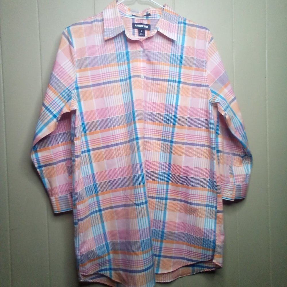 Lands' End Shirt 8 Button Up 3/4 Sleeve Plaid Orange Pink Blue